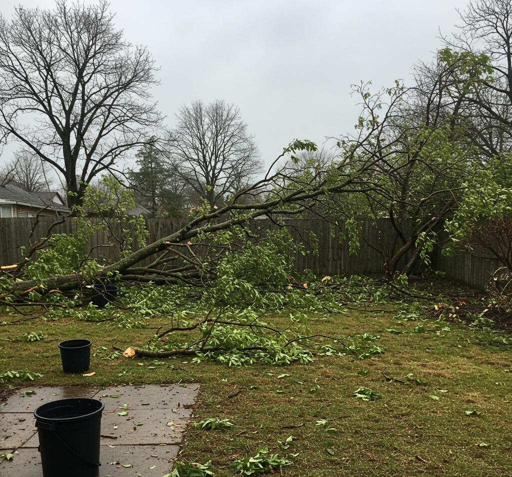 Fallen tree branches in a backyard after a storm in Auburn, AL. Overcast sky with bare trees and scattered debris.