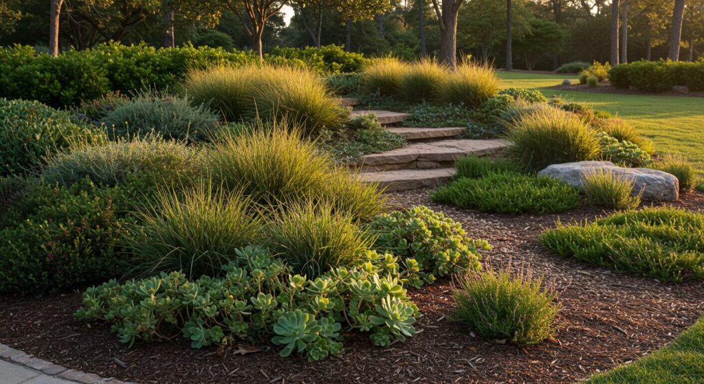 Lush landscaped garden with stone steps in Auburn, AL, featuring vibrant greenery and well-tended shrubs.