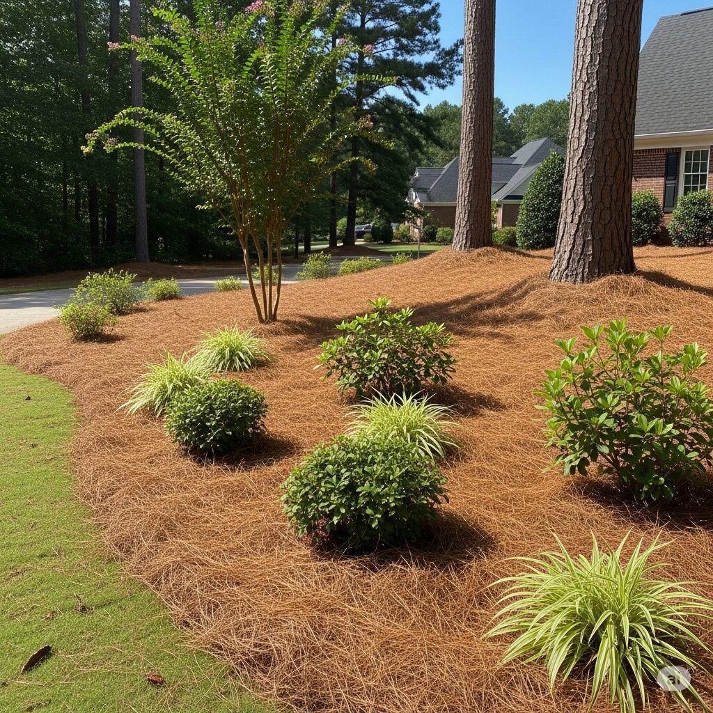 Beautiful landscaped garden with pine straw mulch and shrubs in Auburn, AL.