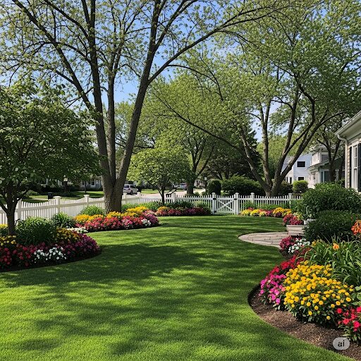 Beautiful garden with vibrant flowers and lush lawn in Auburn, AL, surrounded by trees and a white fence.
