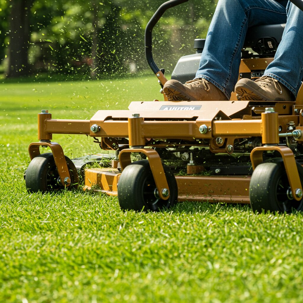 Riding lawn mower cutting grass in Auburn, AL, showcasing precision and efficiency in lush green surroundings.