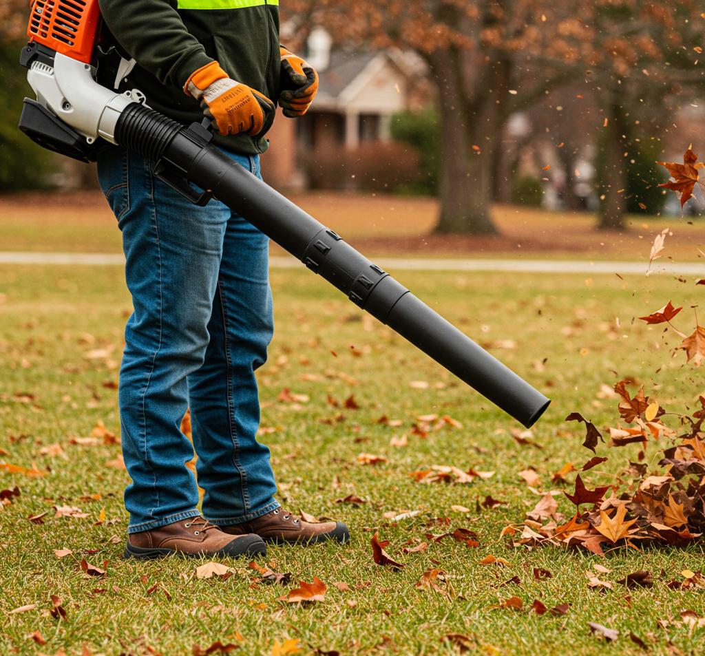 Person using leaf blower on lawn in Auburn, AL, during autumn.