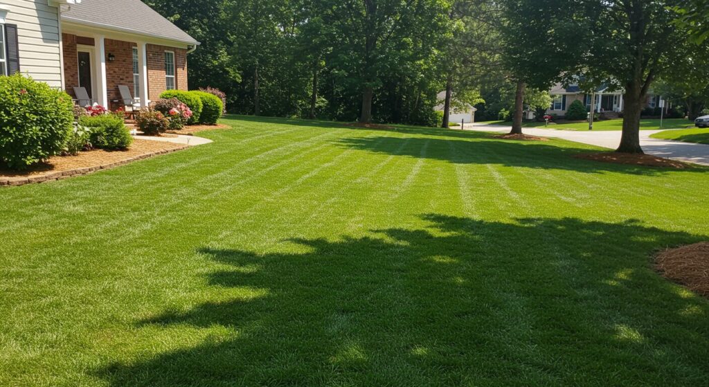 Well-maintained lawn in Auburn, AL with vibrant green grass and tidy landscaping on a sunny day.