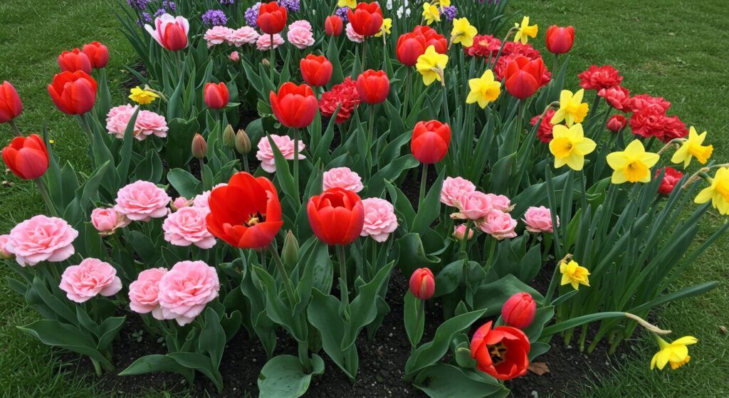 Vibrant tulip and daffodil garden in full bloom, Auburn, AL. Perfect blend of colors for spring inspiration.